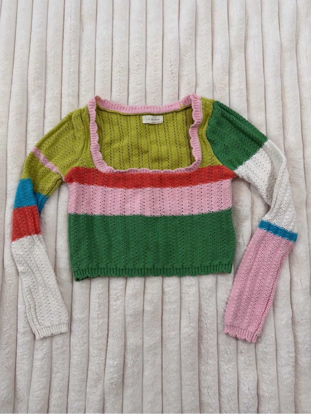 La Hearts Pink Trim Olive Green Knit Top Pacsun brand crochet